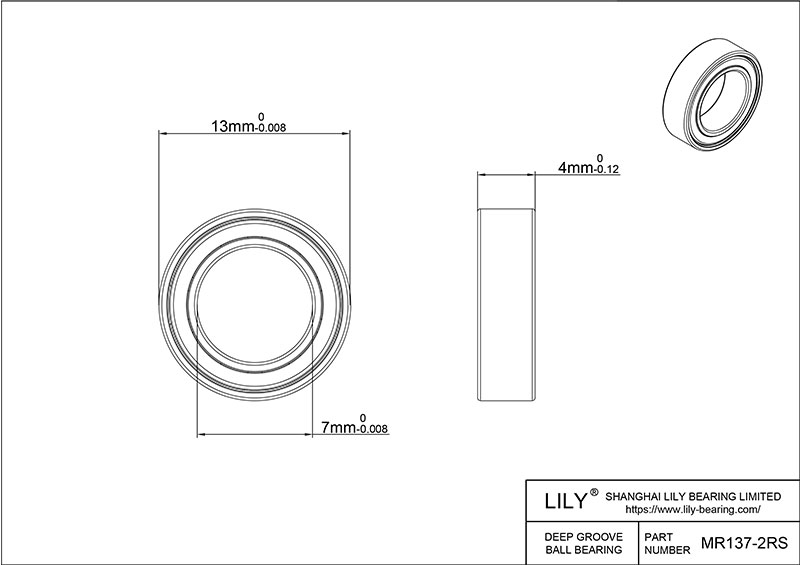 S304-MR137 2rs AISI304 Stainless Steel Ball Bearings cad drawing