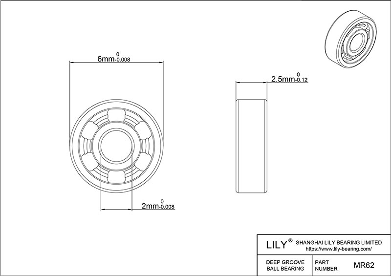 S304-MR62 AISI304 Stainless Steel Ball Bearings cad drawing