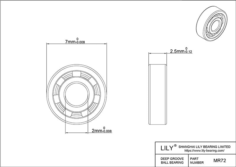 S304-MR72 AISI304 Stainless Steel Ball Bearings cad drawing
