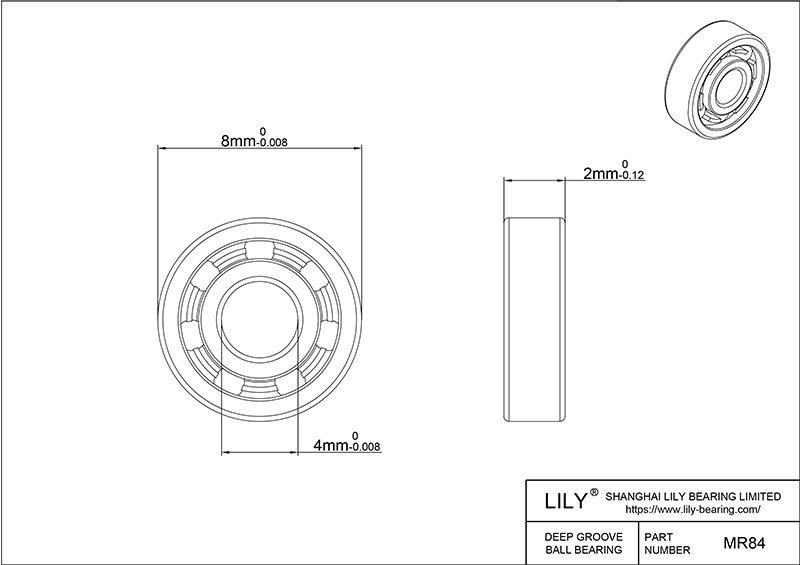 S304-MR84 AISI304 Stainless Steel Ball Bearings cad drawing