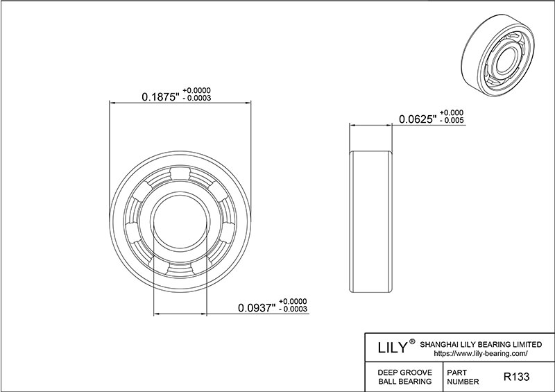 S304-R133 AISI304 Stainless Steel Ball Bearings cad drawing