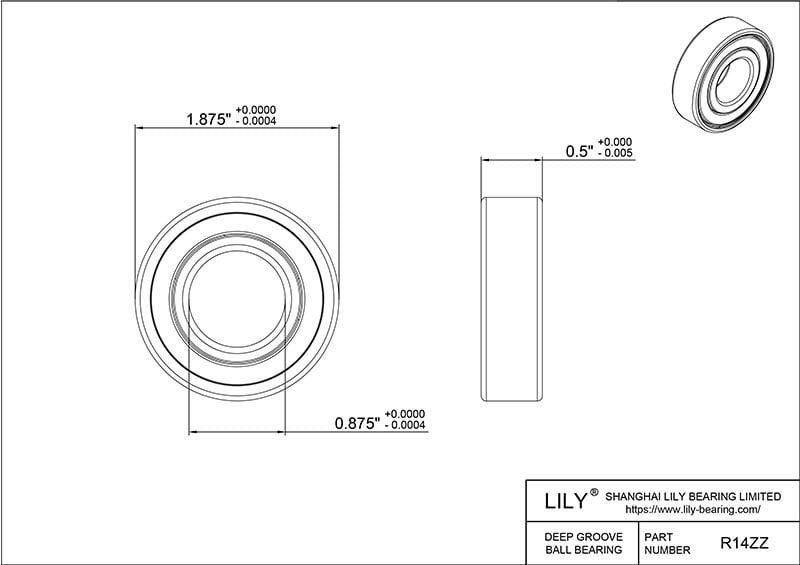 S304-R14zz AISI304 Stainless Steel Ball Bearings cad drawing