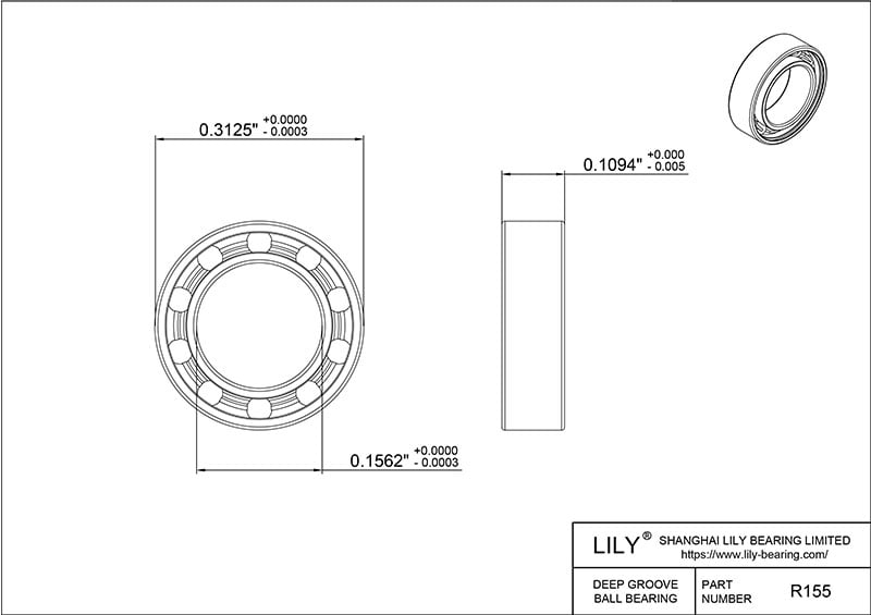 S304-R155 AISI304 Stainless Steel Ball Bearings cad drawing