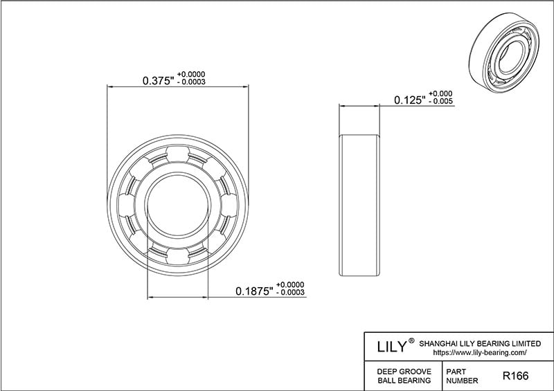 S304-R166 AISI304 Stainless Steel Ball Bearings cad drawing