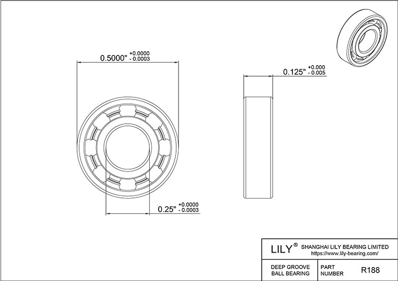 S304-R188 AISI304 Stainless Steel Ball Bearings cad drawing