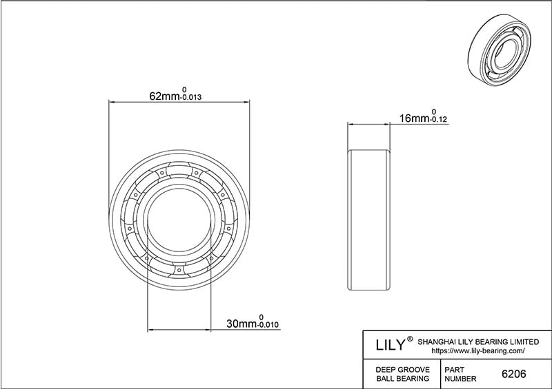 S316-6206 AISI316L Stainless Steel Ball Bearings cad drawing