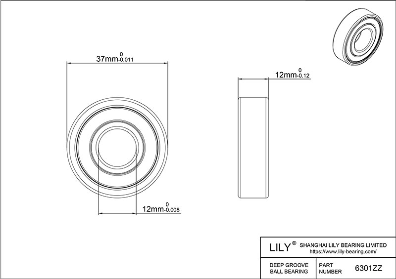 S316-6301zz AISI316L Stainless Steel Ball Bearings cad drawing