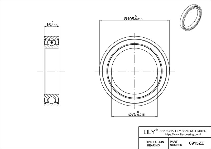S316-6915zz AISI316L Stainless Steel Ball Bearings cad drawing