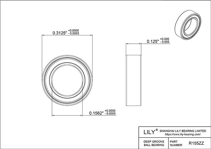 S316-R155zz AISI316L Stainless Steel Ball Bearings cad drawing