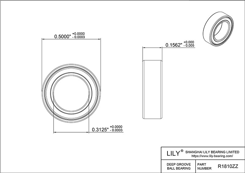 S316-R1810zz AISI316L Stainless Steel Ball Bearings cad drawing
