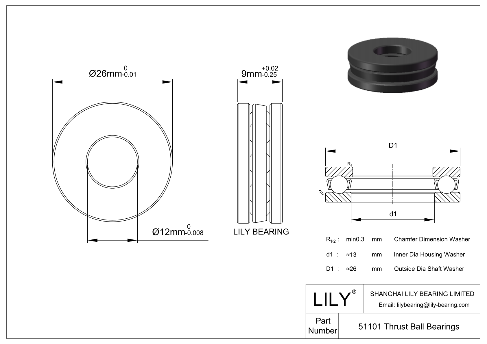 S51101 Stainless Steel Single Direction Thrust Ball Bearing cad drawing