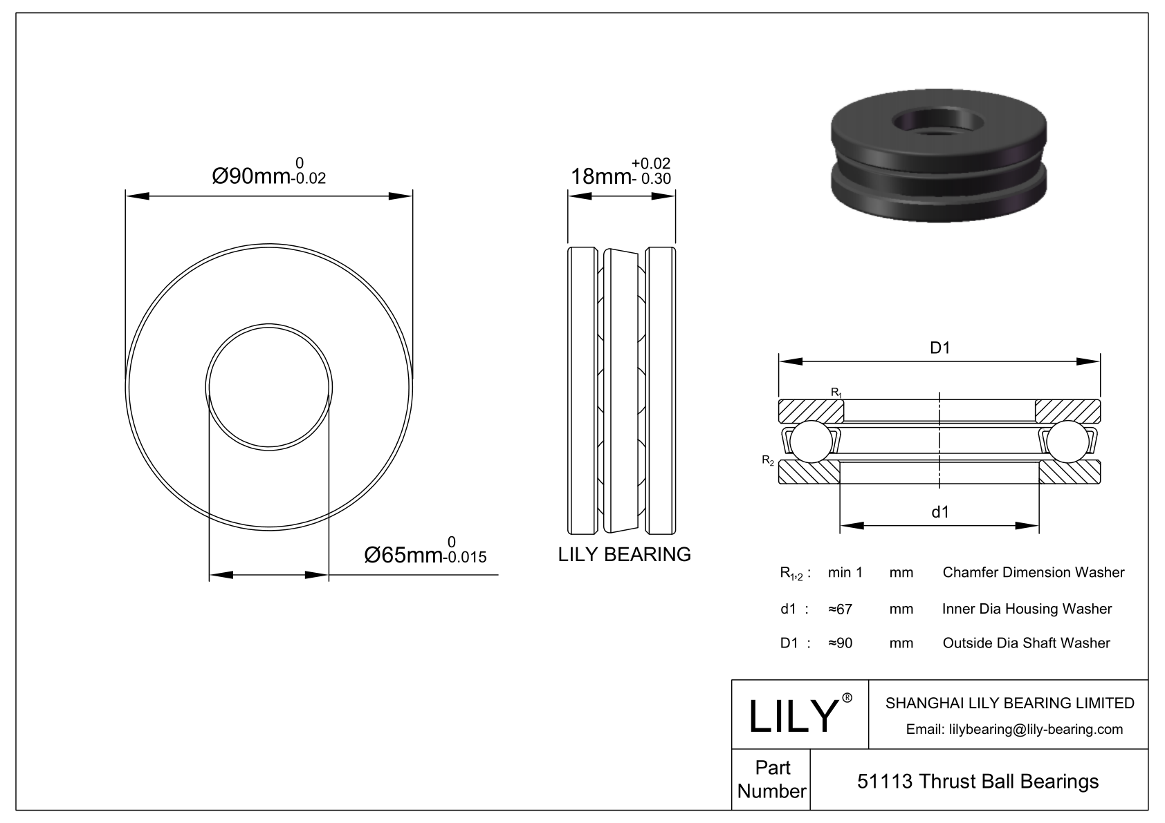 S51113 Stainless Steel Single Direction Thrust Ball Bearing cad drawing