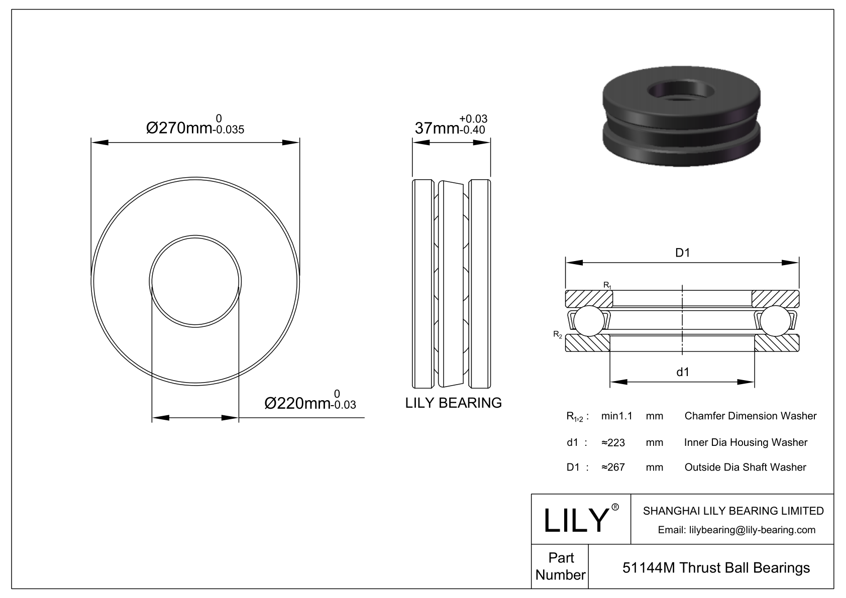 S51144 M Stainless Steel Single Direction Thrust Ball Bearing cad drawing