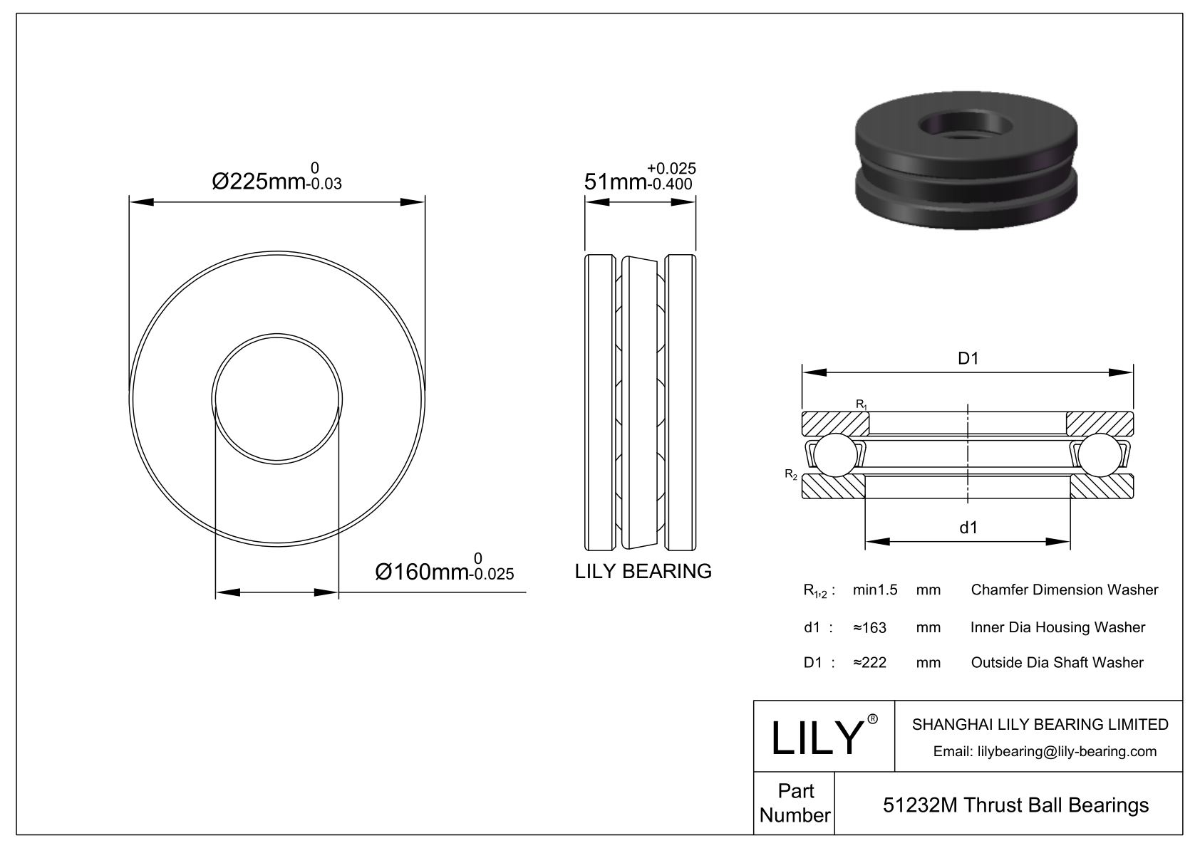 S51232 M Stainless Steel Single Direction Thrust Ball Bearing cad drawing
