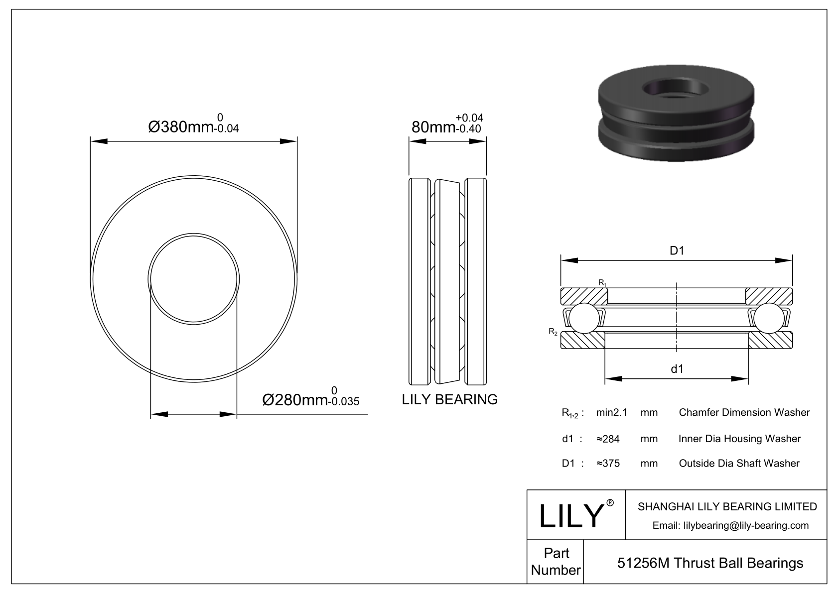 S51256 M Stainless Steel Single Direction Thrust Ball Bearing cad drawing