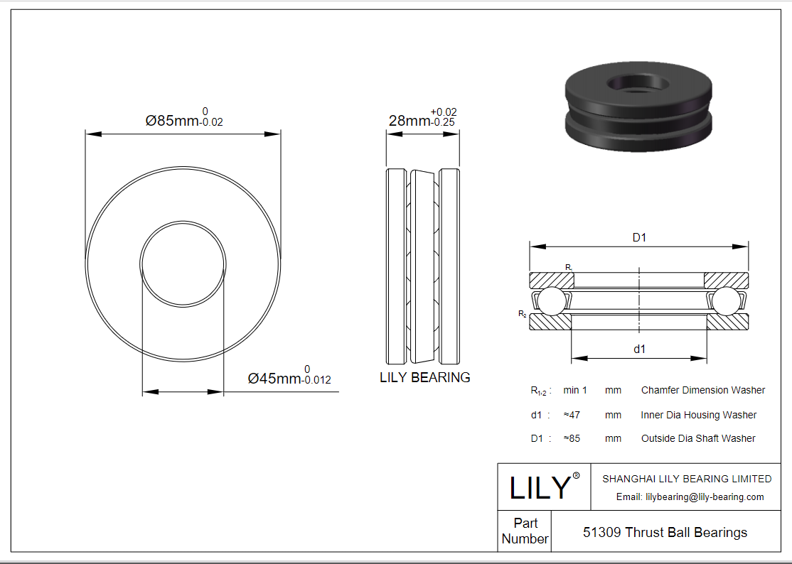 S51309 Stainless Steel Single Direction Thrust Ball Bearing cad drawing