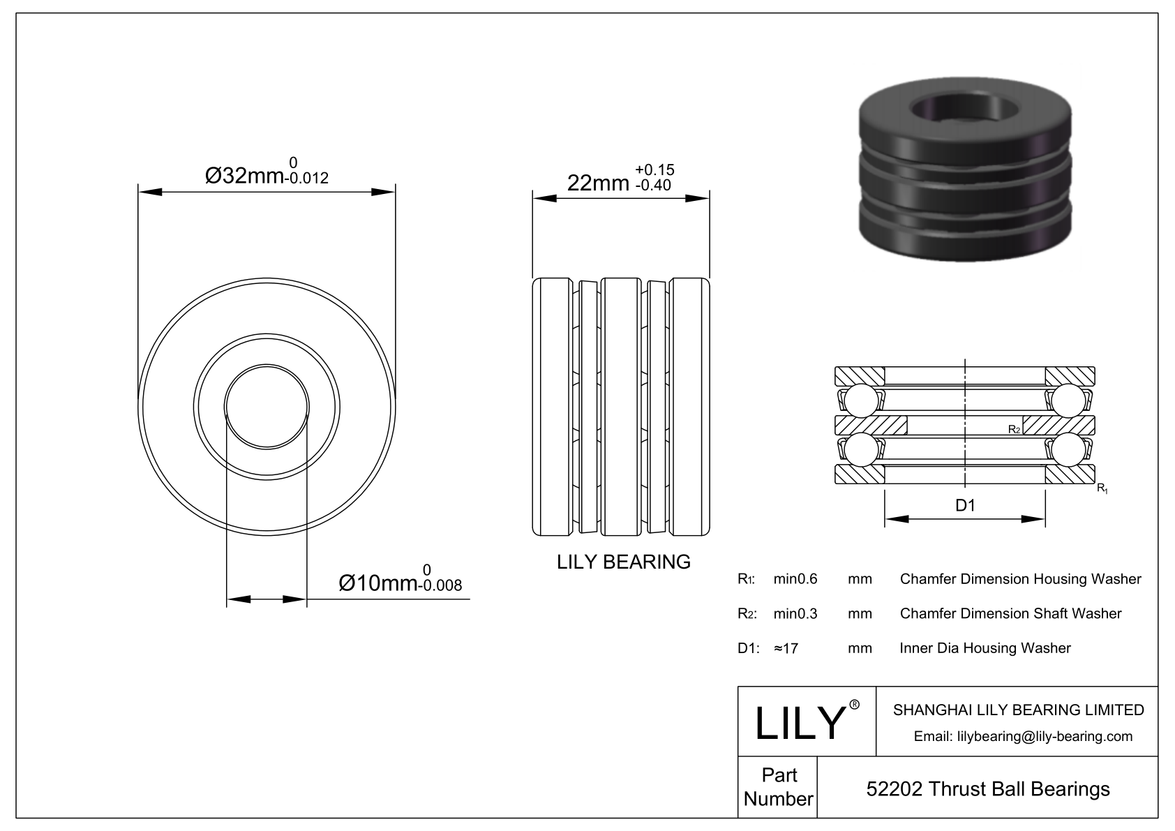52202 Double Direction Thrust Ball Bearings cad drawing