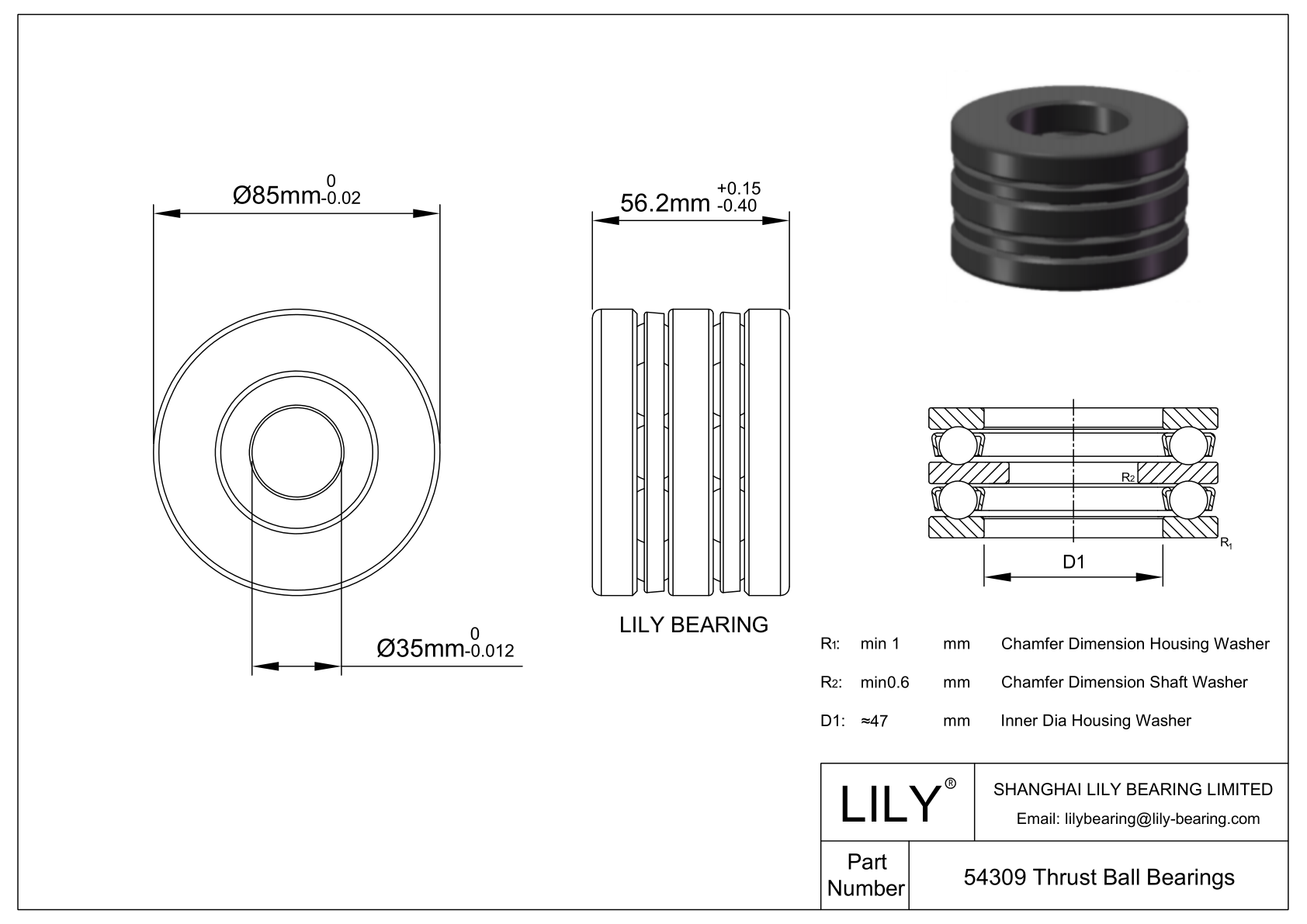 54309 Double Direction Thrust Ball Bearings cad drawing