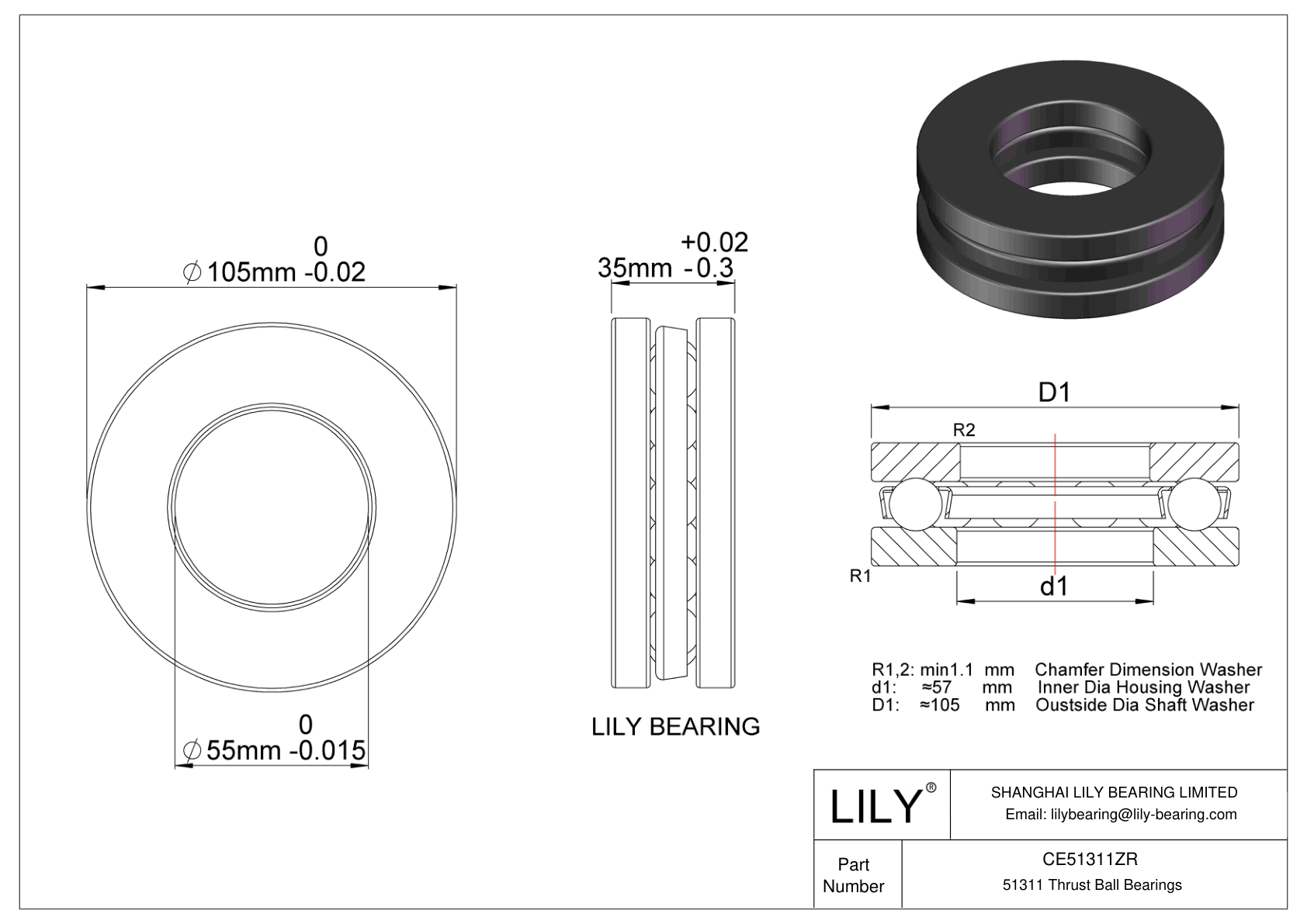 CE51311ZR Zirconia Ceramic Thrust Ball Bearings cad drawing