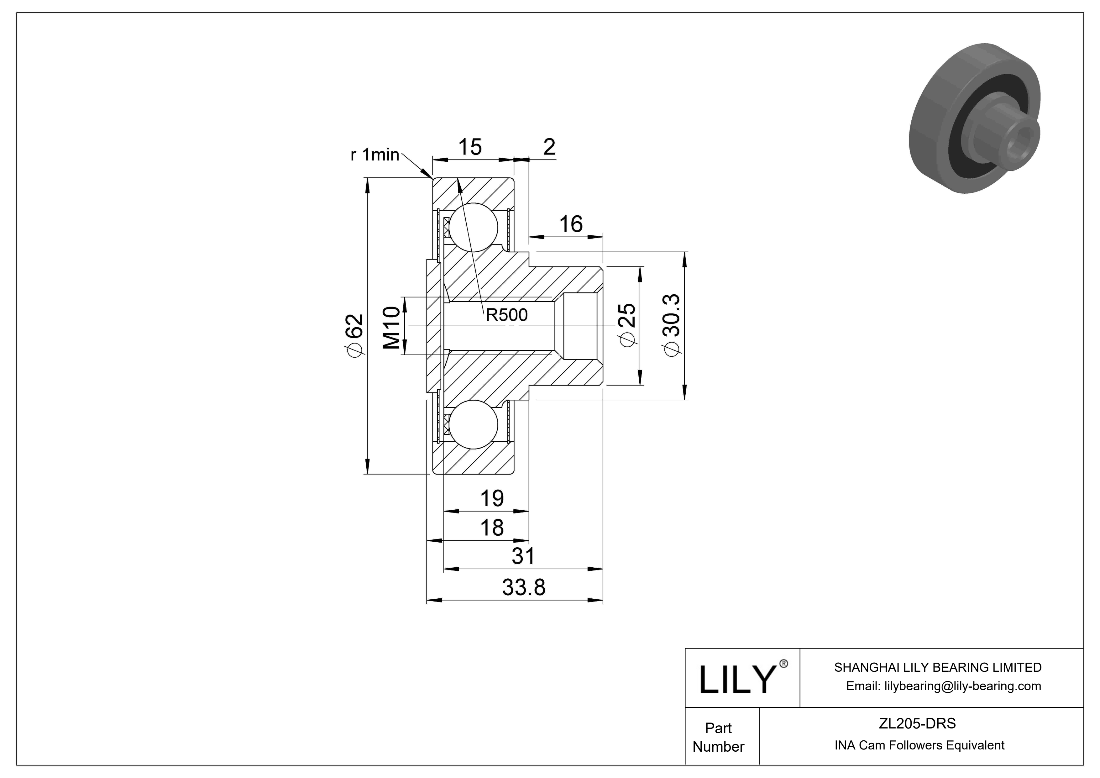 ZL205-DRS Stud Type Cam Rollers cad drawing