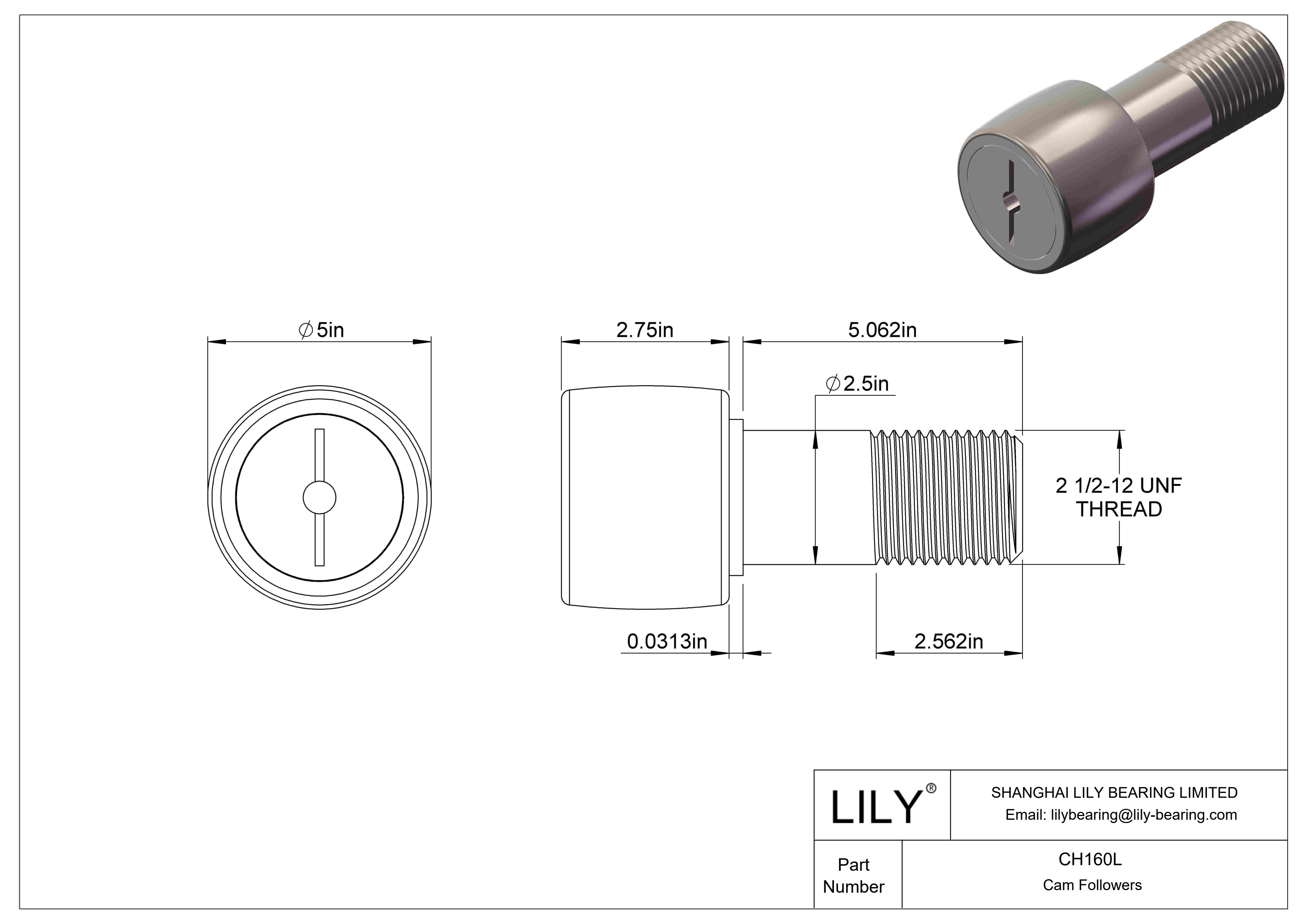 CH160L Needle Roller Cam Followers-Heavy Stud cad drawing