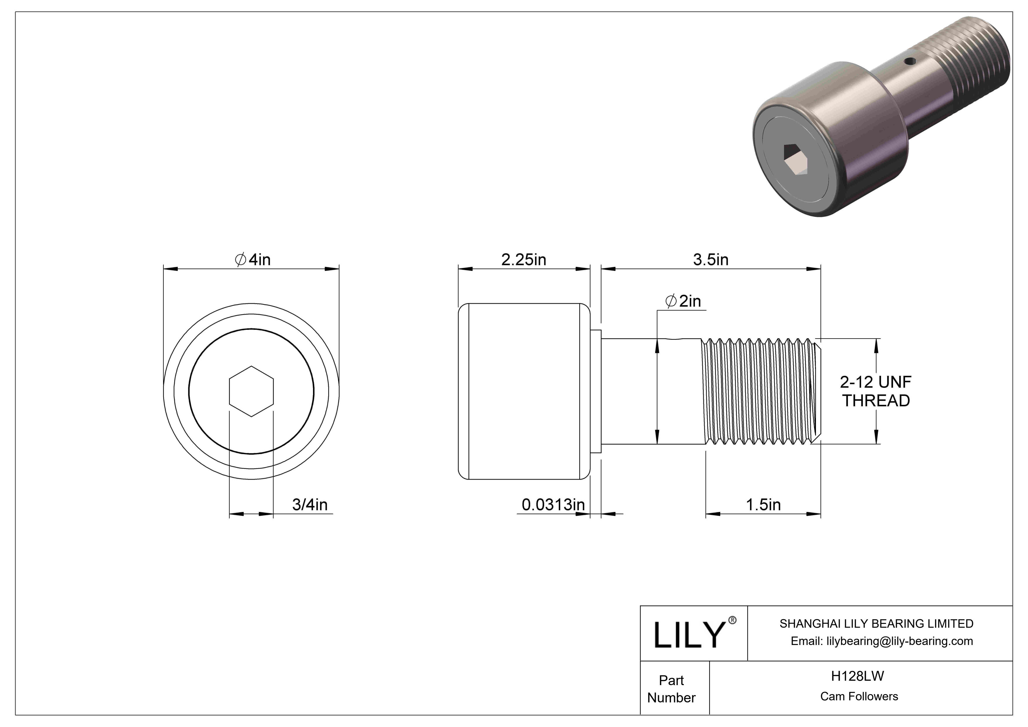 H128LW Needle Roller Cam Followers-Heavy Stud cad drawing