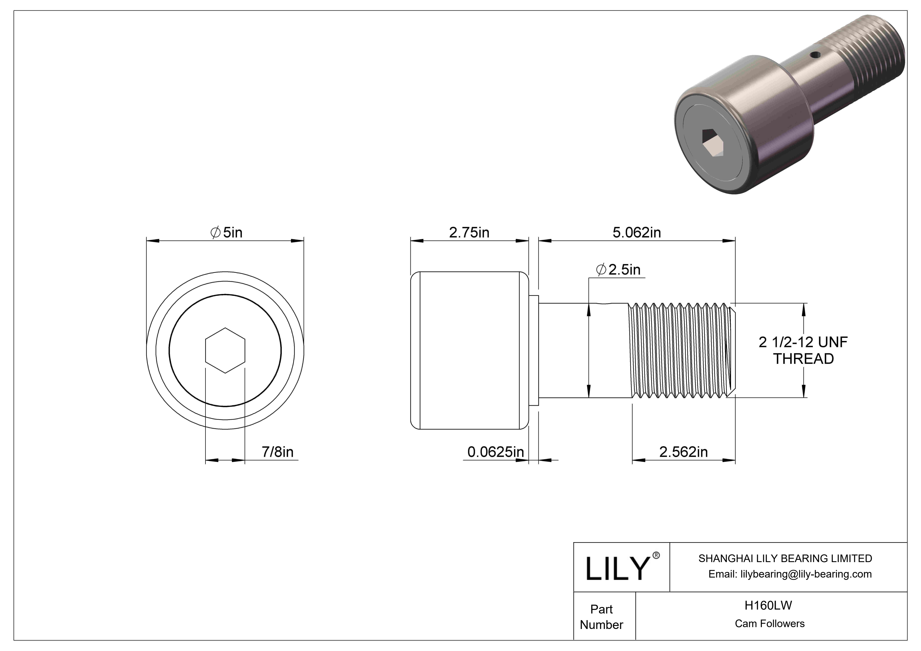 H160LW Needle Roller Cam Followers-Heavy Stud cad drawing