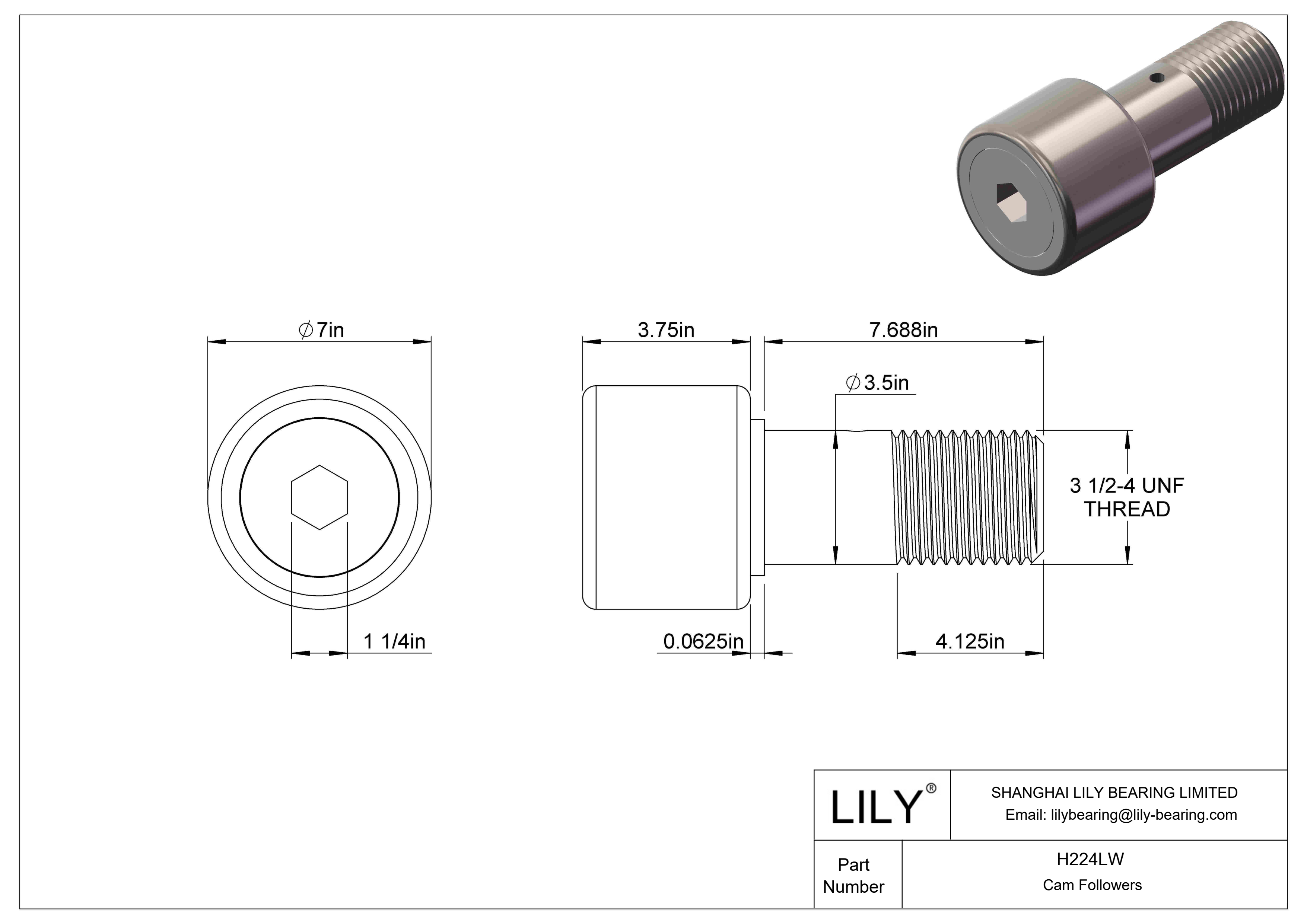 H224LW Needle Roller Cam Followers-Heavy Stud cad drawing