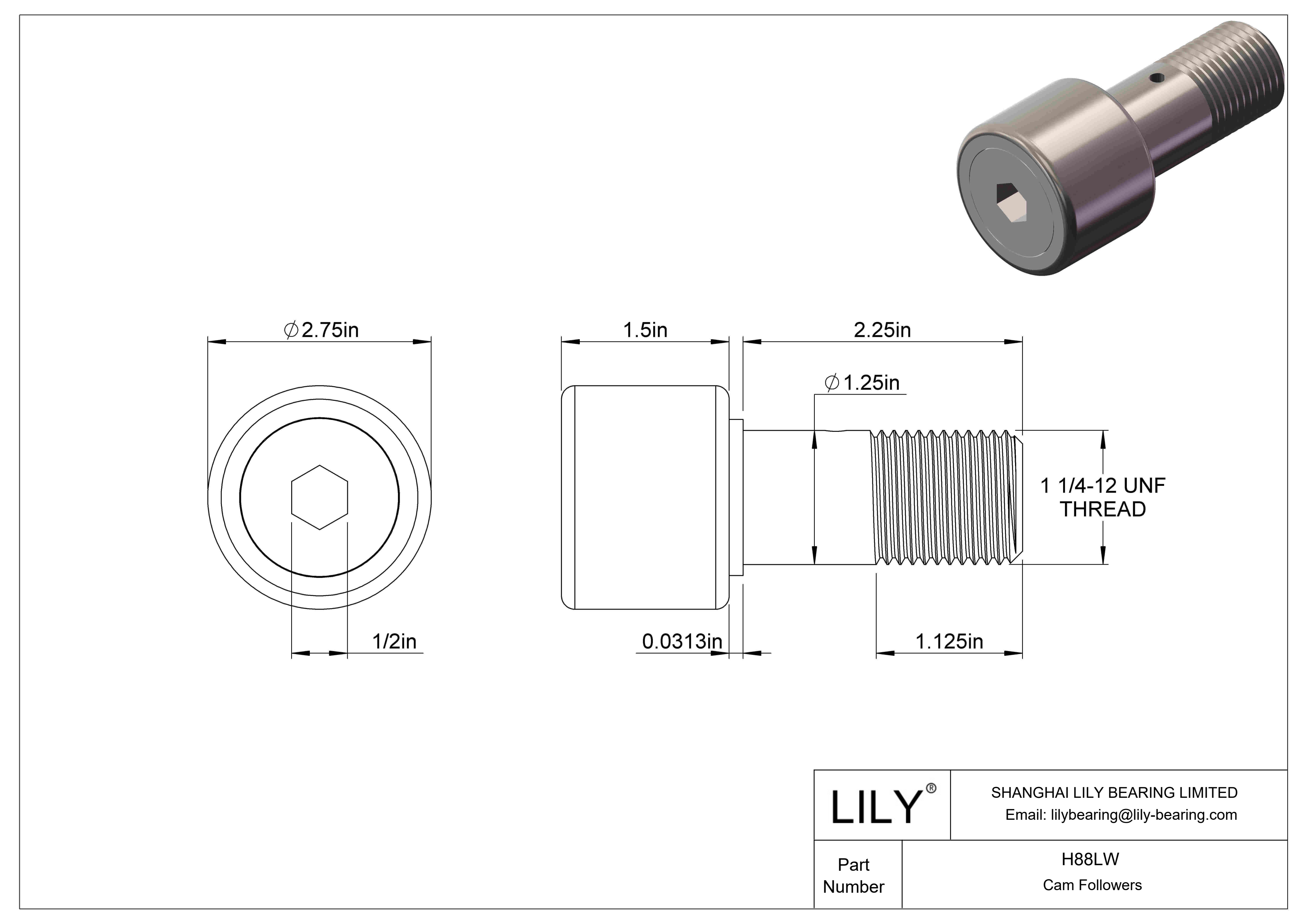 H88LW Needle Roller Cam Followers-Heavy Stud cad drawing