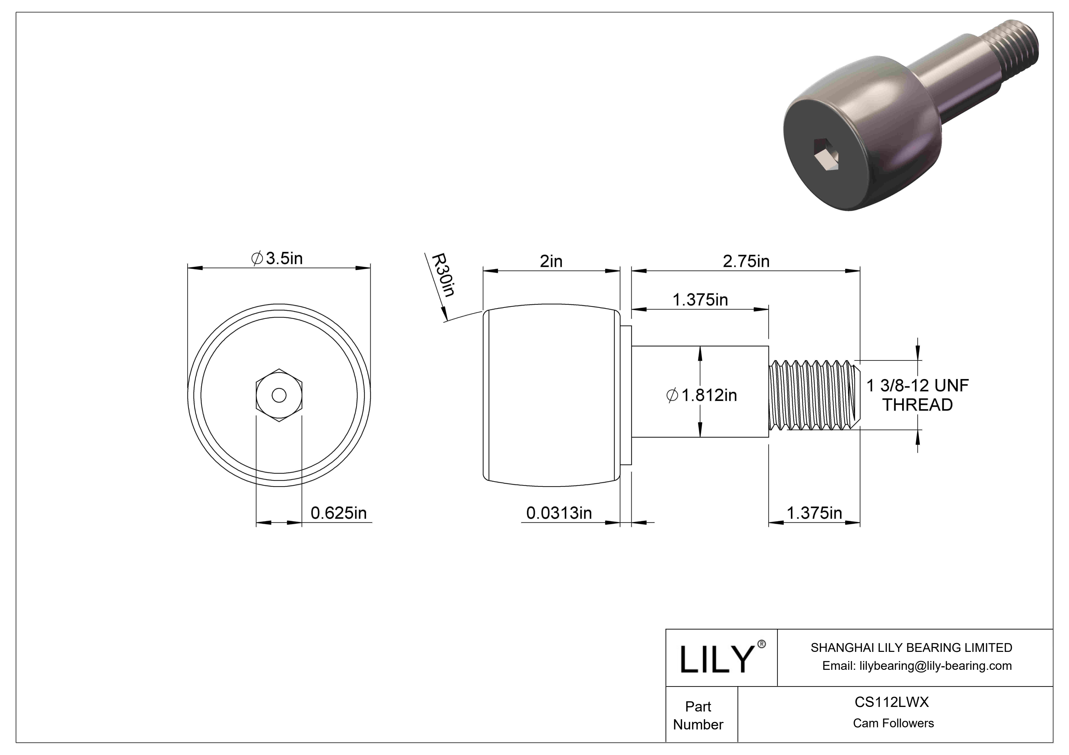 CS112LWX Needle Roller Cam Followers-Standard Stud Type cad drawing