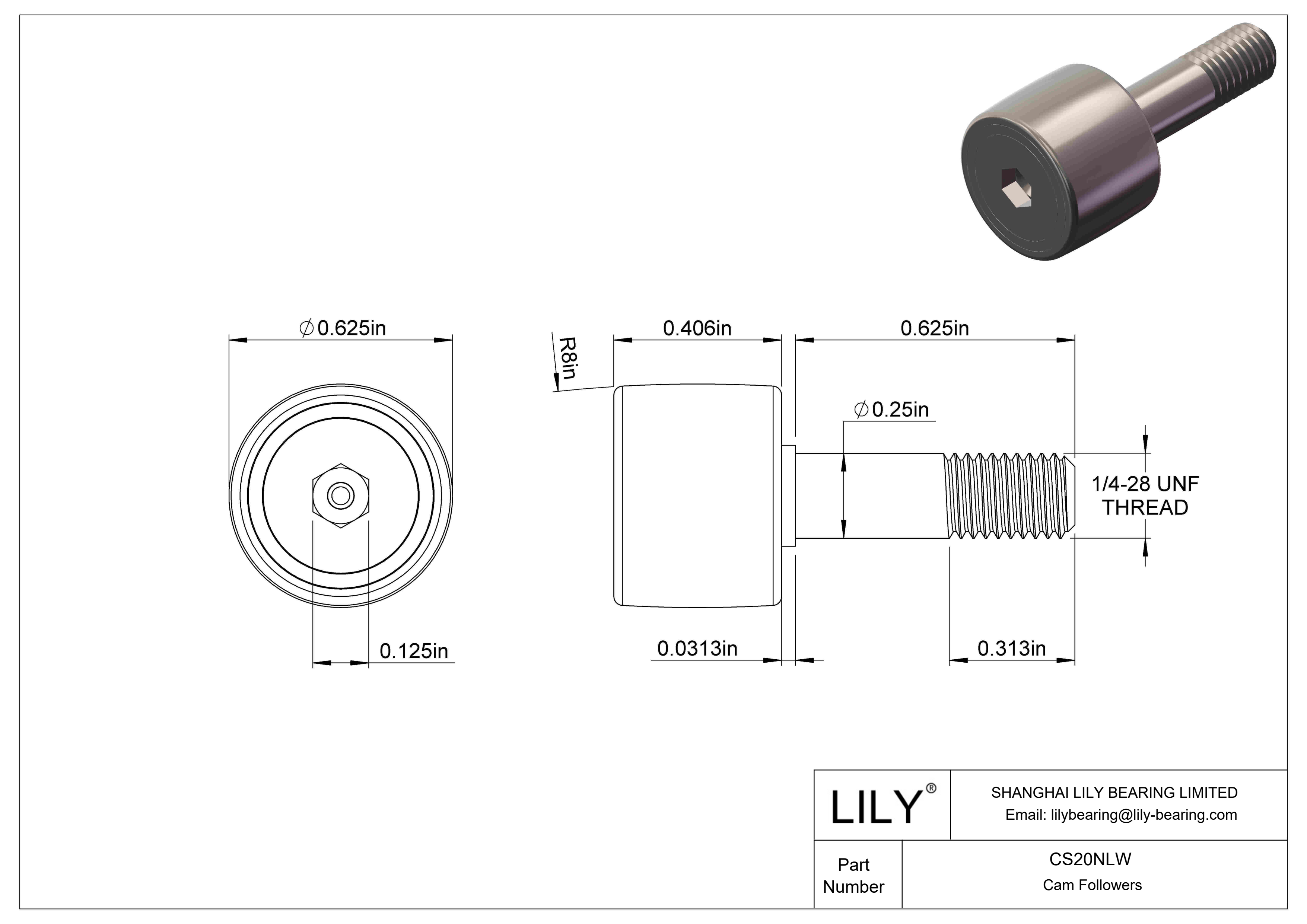CS20NLW Needle Roller Cam Followers-Standard Stud Type cad drawing