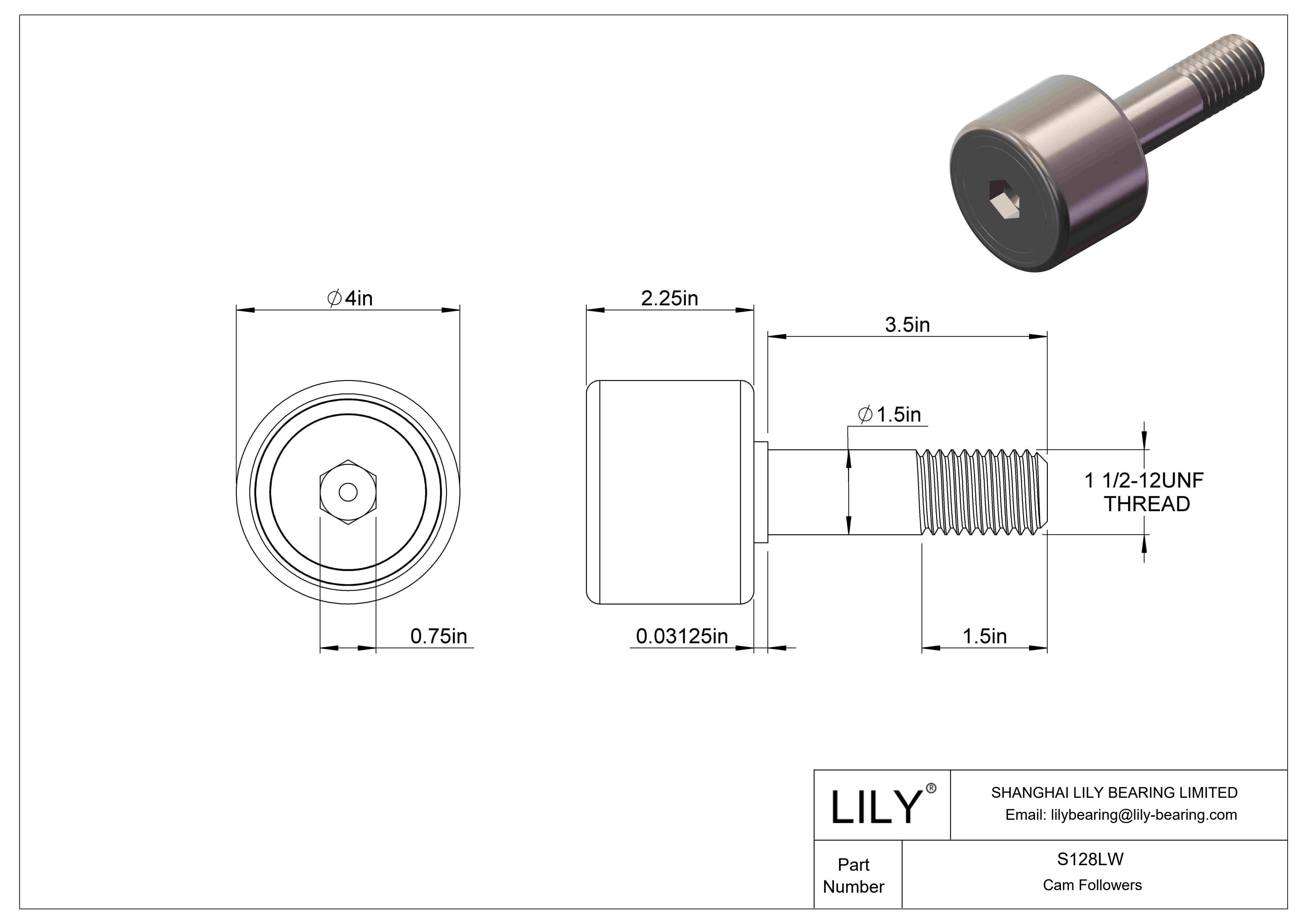 S128LW Needle Roller Cam Followers-Standard Stud Type cad drawing