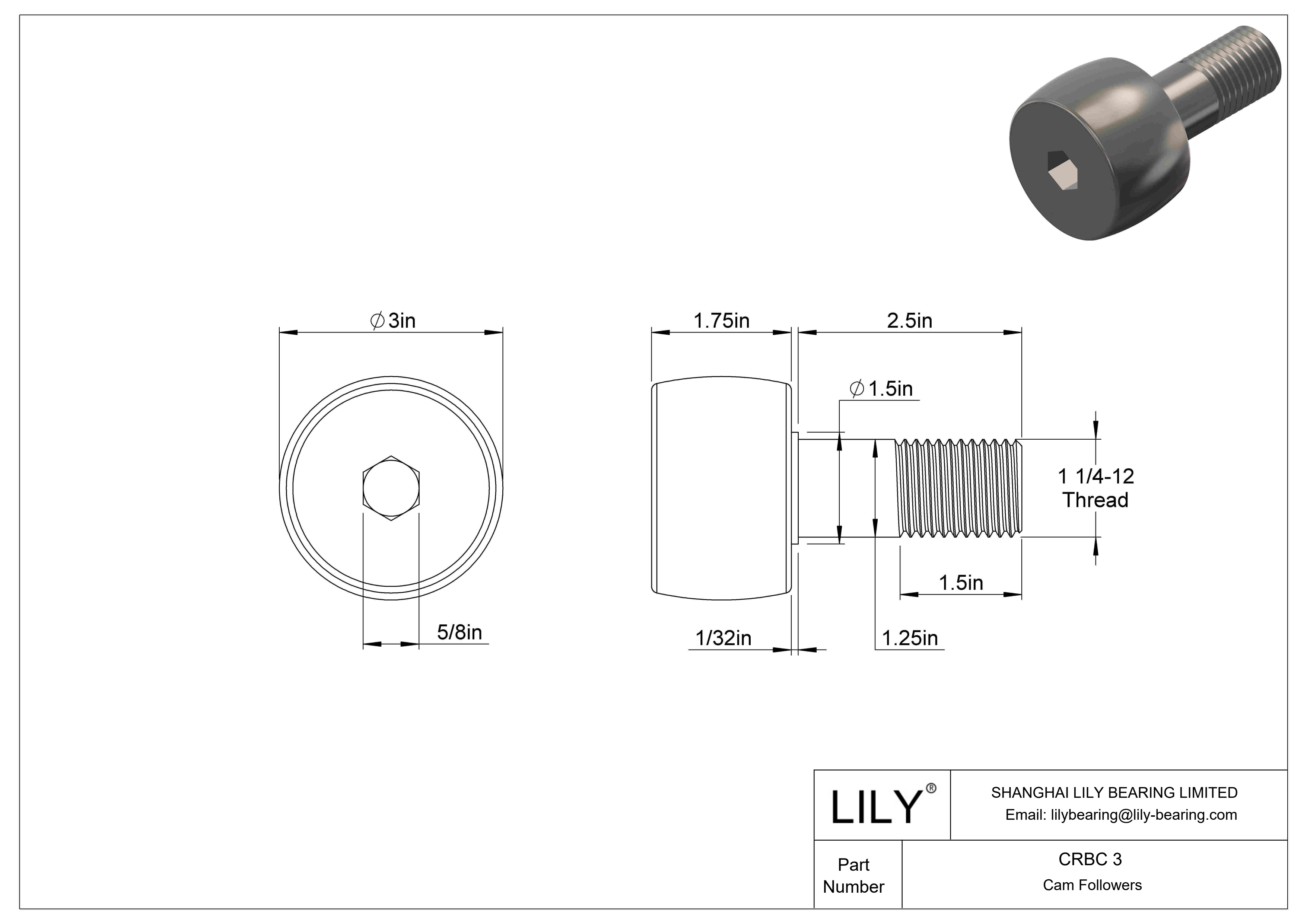 CRBC 3 Roller Cam Follower-Stud Type cad drawing