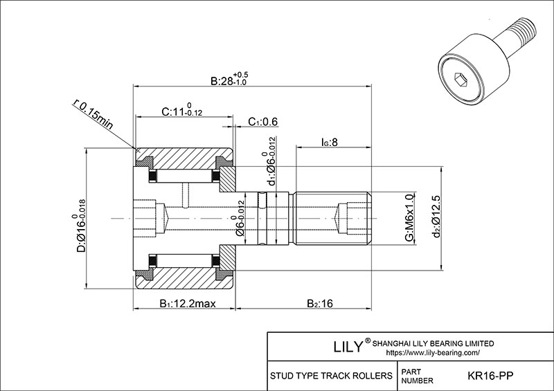 KR16-PP Stud Type Cam Rollers cad drawing