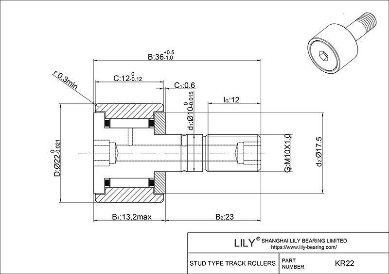 KR22 Stud Type Cam Rollers cad drawing