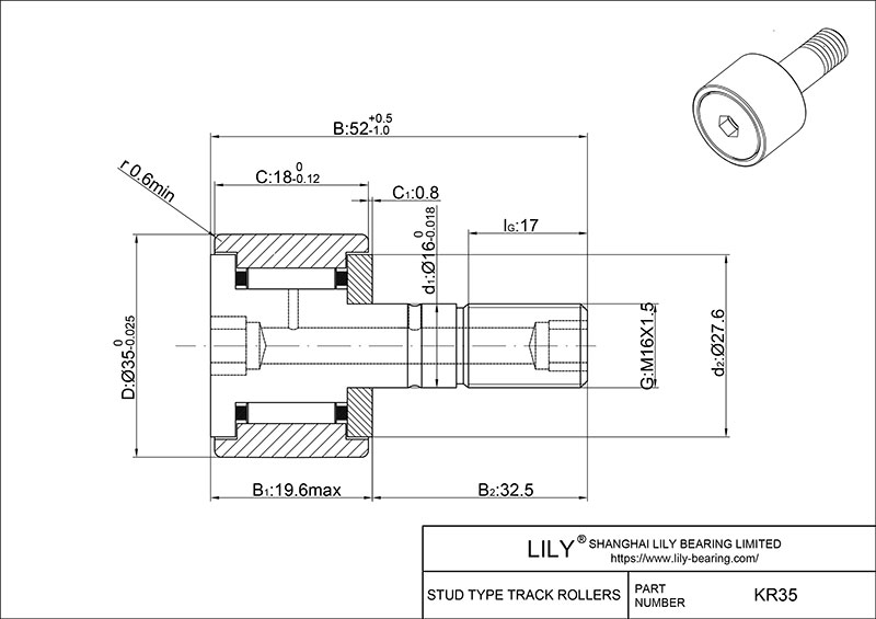 KR35 Stud Type Cam Rollers cad drawing
