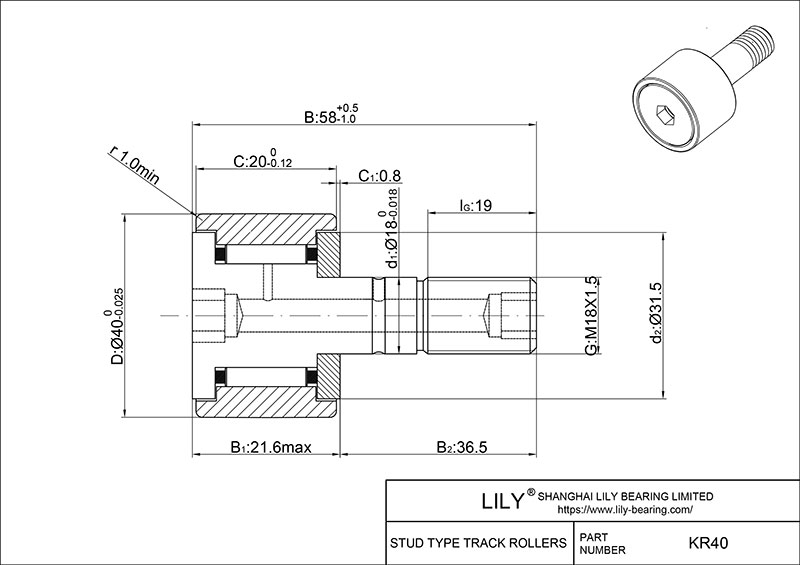 KR40 Stud Type Cam Rollers cad drawing