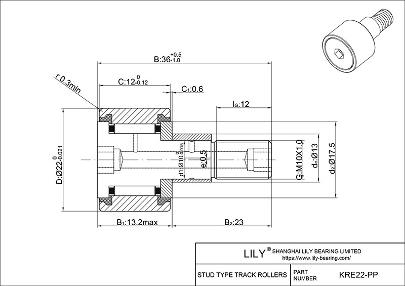 KRE22-PP Stud Type Cam Rollers cad drawing