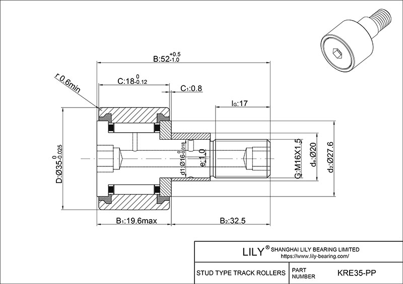 KRE35-PP Stud Type Cam Rollers cad drawing