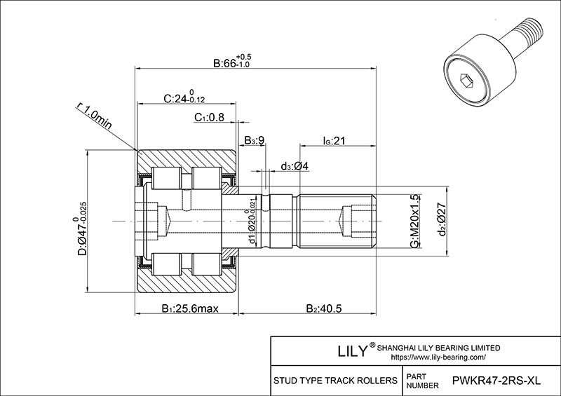 PWKR47-2RS-XL Stud Type Cam Rollers cad drawing