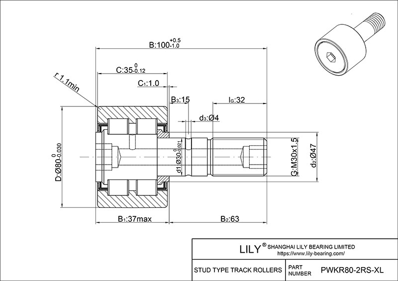 PWKR80-2RS-XL Stud Type Cam Rollers cad drawing
