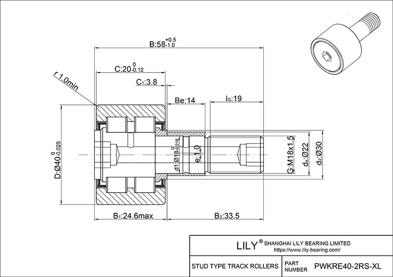 PWKRE40-2RS-XL Stud Type Cam Rollers cad drawing