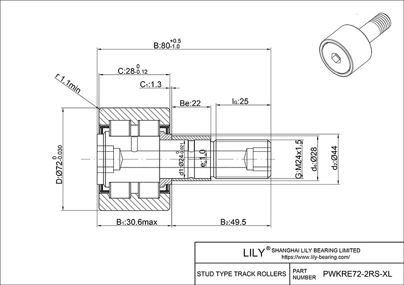 PWKRE72-2RS-XL Stud Type Cam Rollers cad drawing
