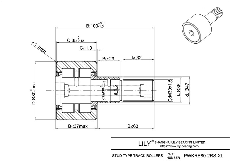 PWKRE80-2RS-XL Stud Type Cam Rollers cad drawing