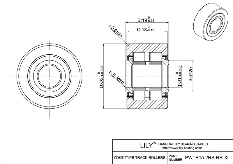 PWTR15-2RS-RR-XL Yoke Type Track Rollers cad drawing