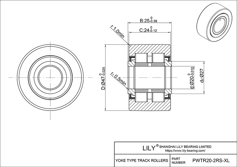 PWTR20-2RS-XL Yoke Type Track Rollers cad drawing