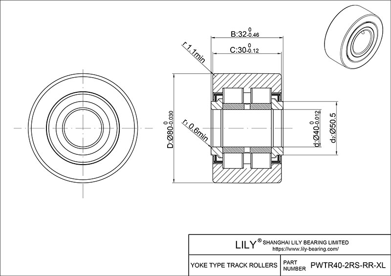 PWTR40-2RS-RR-XL Yoke Type Track Rollers cad drawing