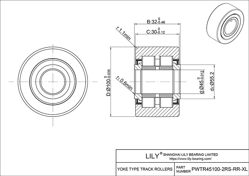 PWTR45100-2RS-RR-XL Yoke Type Track Rollers cad drawing