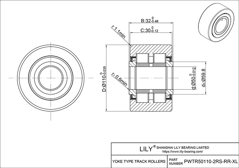 PWTR50110-2RS-RR-XL Yoke Type Track Rollers cad drawing