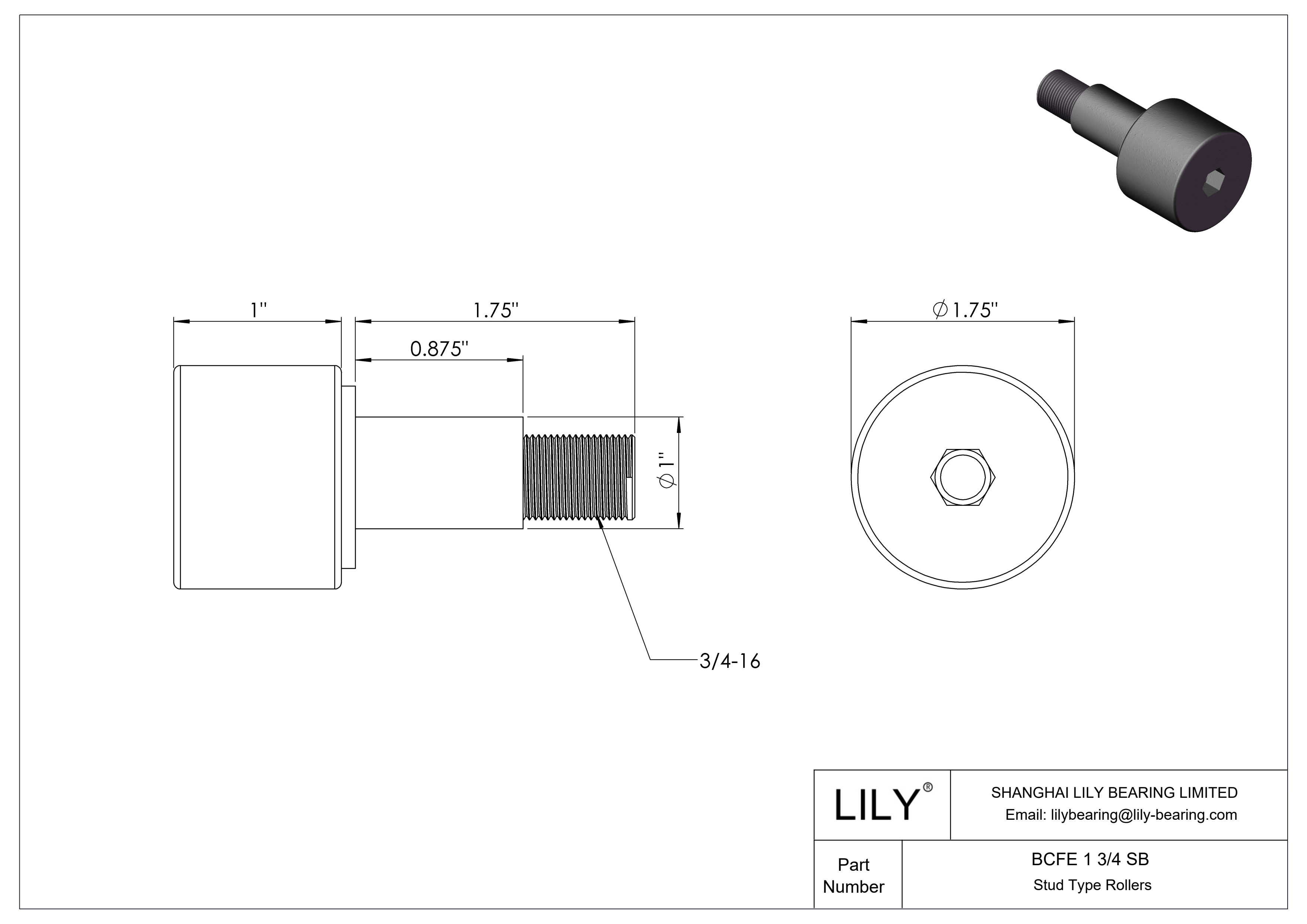 BCFE 1 3/4 SB Eccentric Stud Cam Follower cad drawing